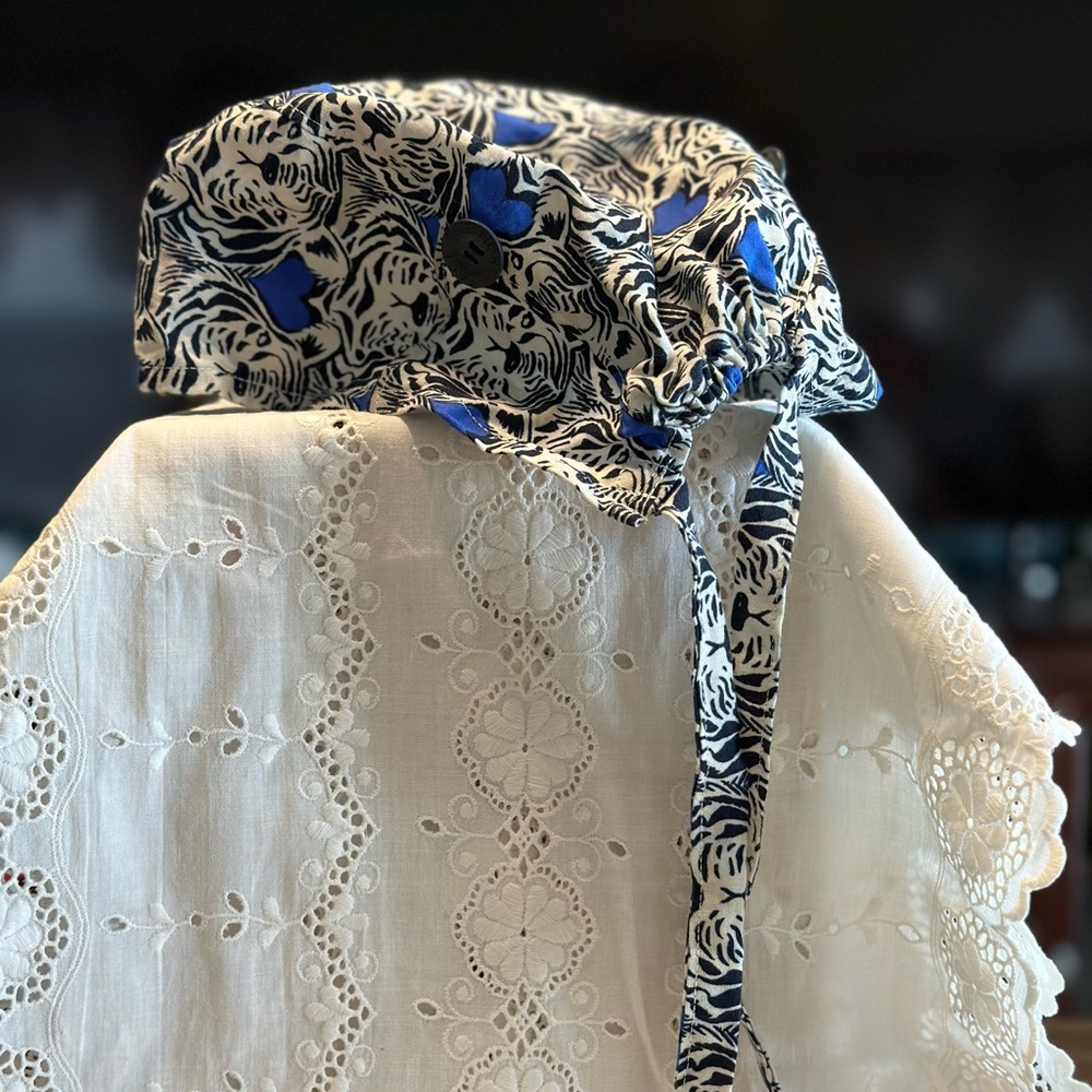 BLUE & WHITE TIGER THEME SCRUB HAT HANDMADE. NWOT